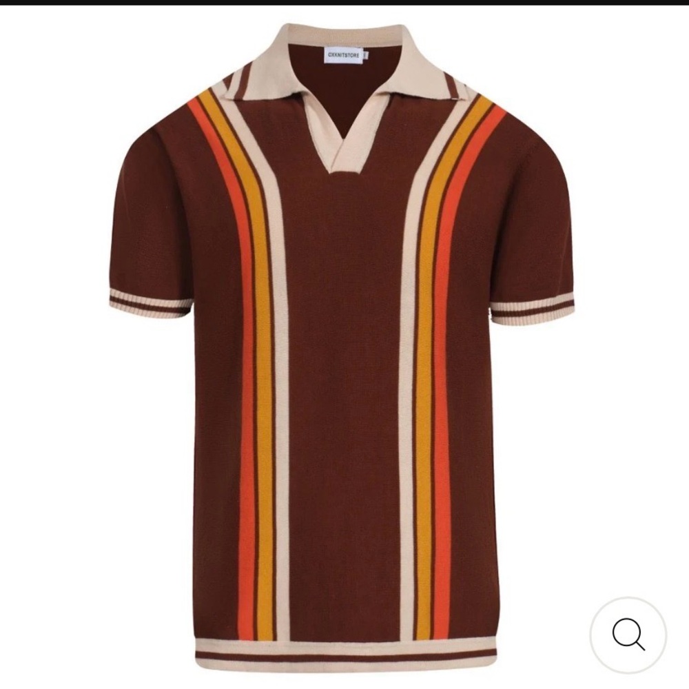 OXknit MEN'S 70S BROWN RETRO KNIT POLO – SUNSET STRIPE V-NECK